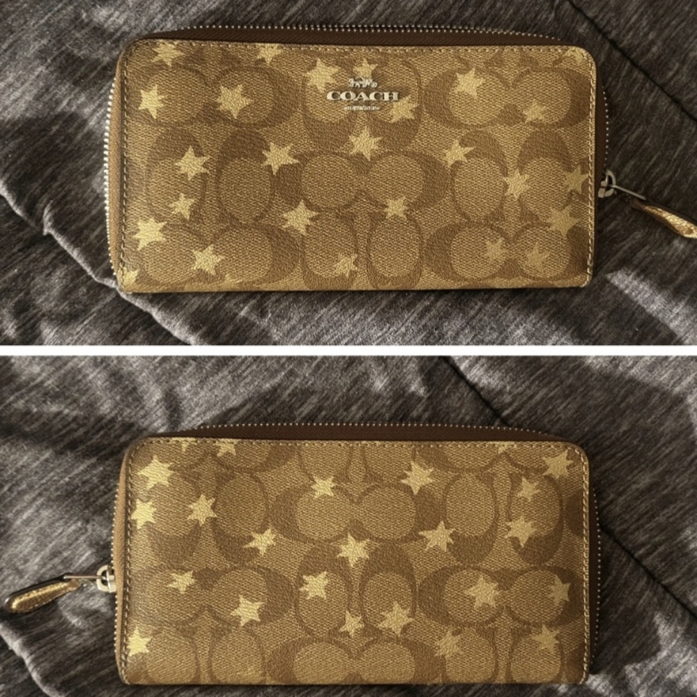 Coach Coated Canvas Signature Long Zip Wallet With Stars